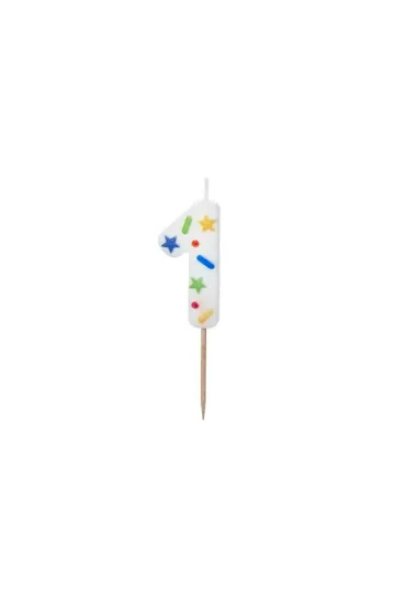 PartyDeco �wieczka urodzinowa 1 bia�a konfetti 5.5cm