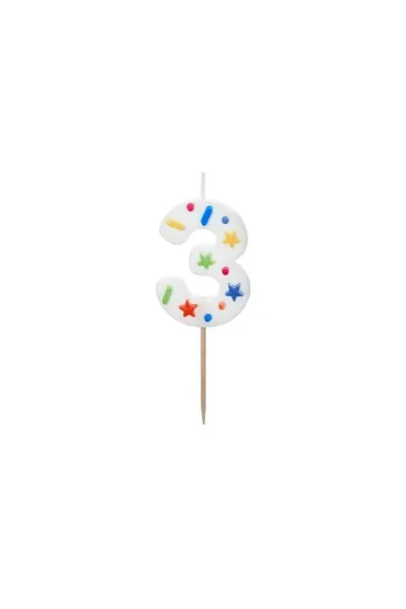PartyDeco �wieczka urodzinowa 3 bia�a konfetti 5.5cm