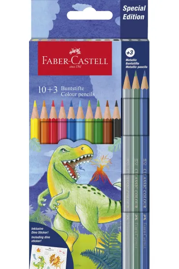 Faber-Castell Kredki sze�ciok�tne edycja dinozaury 10 kol. standardowych + 3 kol. metaliczne + naklejki