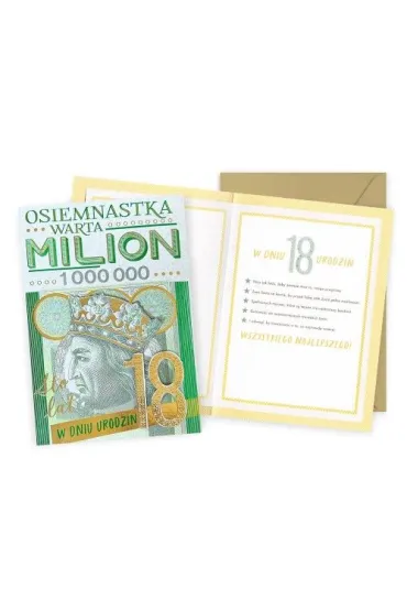 Kukartka Karnet DK-1289 Urodziny 18  cyfry, osiemnastka, banknot