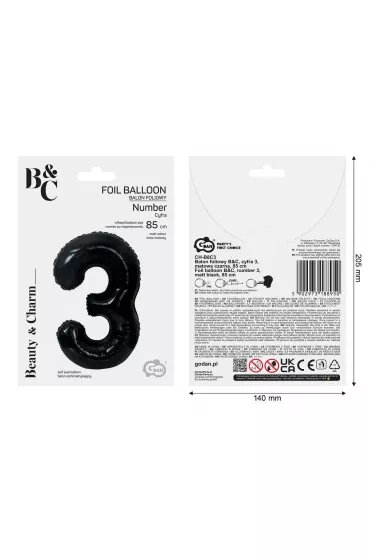 Godan Balon foliowy B&C cyfra 3 matowa czarna 85cm