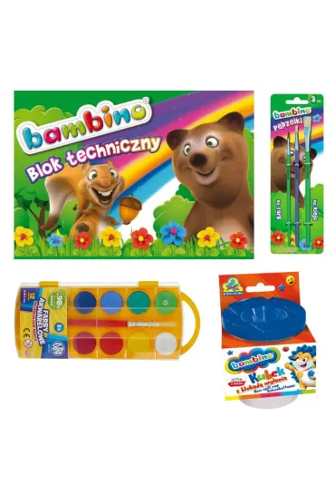 Pakiet Ma�y artysta. Blok techniczny A4 Bambino, Farby akwarelowe, P�dzelki, Kubek do p�ukania p�dzli - Pakiety na nagrody