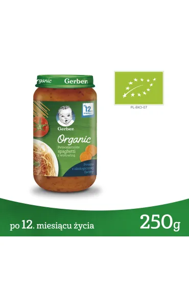 Gerber Organic Obiadek pe�noziarniste spaghetti z wo�owin� dla niemowl�t po 12 miesi�cu 250 g Bio
