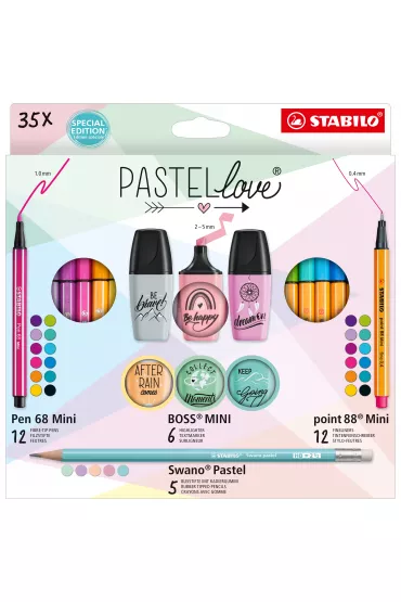 Zestaw Cienkopis STABILO point 88 mini, Flamaster STABILO Pen 68 Mini, zakre�lacz BOSS Mini Pastellove 2.0, o��wek Swano Pastel - etui 35 szt.