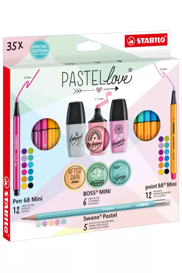 Zestaw Cienkopis STABILO point 88 mini, Flamaster STABILO Pen 68 Mini, zakre�lacz BOSS Mini Pastellove 2.0, o��wek Swano Pastel - etui 35 szt.