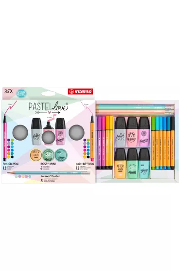 Zestaw Cienkopis STABILO point 88 mini, Flamaster STABILO Pen 68 Mini, zakre�lacz BOSS Mini Pastellove 2.0, o��wek Swano Pastel - etui 35 szt.