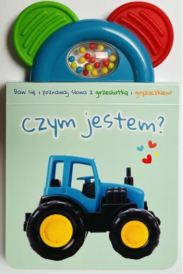 Czym jestem? zielona. Ksi��eczka z gryzaczkiem i grzechotk�