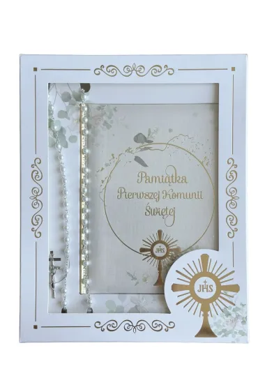 Pami�tka Pierwszej Komunii �wi�tej w pude�ku z prezentem (r�a�cem)