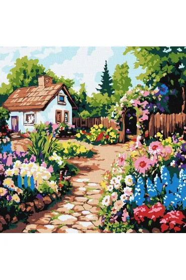 Ideyka Malowania po numerach - Kwiaty przy chatce 30x30cm