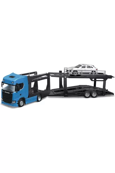 Bburago model street fire multicar carrier scania 770 s front trailer + porsche macan 1:43