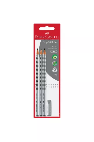 Faber-Castell Grip 2001 set srebrny 3x o��wek hb +gumka nak�adka blister 3 szt.