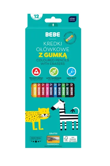 Interdruk Kredki o��wkowe z gumk� 12 kolor�w BEBE Kids
