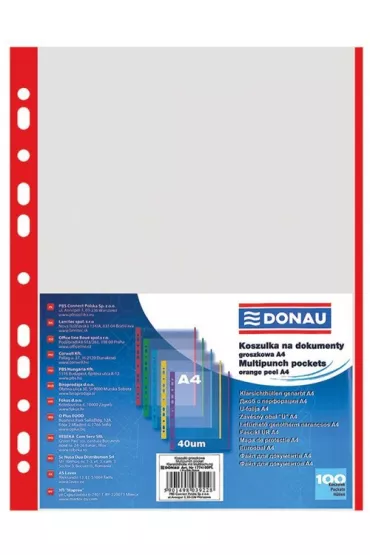 Donau Koszulki PP A4 krystal 40mikr brzeg czerwony 100 szt.