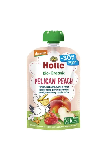 Holle Mus Brzoskwiniowy Pelikan (brzoskwinia - truskawka - jab�ko - owies) bezglutenowy po 6. miesi�cu �ycia Demeter 100 g Bio
