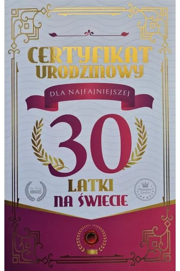 Yeku Karnet Certyfikat Urodzinowy 30 urodziny damskie