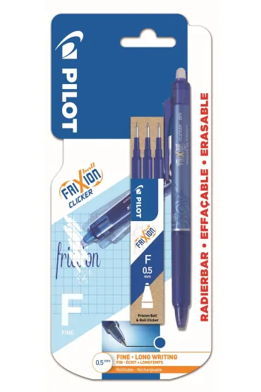 Pi�ro kulkowe Frixion Clicker Pilot 0,5 niebieskie +wk�ady x3 blister