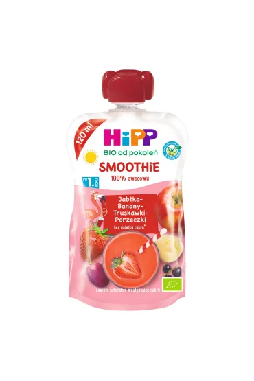 Hipp Smoothie Mus z owoc�w i sok�w po 1. roku jab�ka-banany-truskawki-porzeczki 120 ml Bio