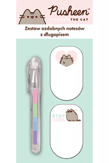 St. Majewski Zestaw 2 ozdobnych notesw samoprzylepnych + mini tczowy pastelowy elowy dugopis Pusheen