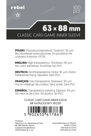 Rebel Koszulki na karty Classic Card Game Inner Sleeve 63.5 x 8.8 mm 100 szt.