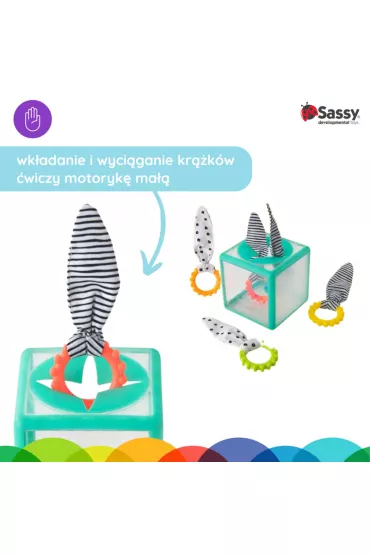 Sassy Manipulacyjna kostka sensoryczna Montessori – elastyczna kostka sorter z kr��kami