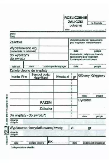 Druk Rozliczenie zaliczki offset A6 PAPIRUS 709