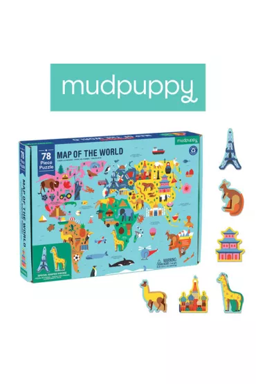 Puzzle Mapa �wiata z elementami w kszta�cie budynk�w i zwierz�t 5+ Mudpuppy