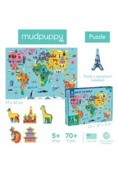 Puzzle Mapa wiata z elementami w ksztacie budynkw i zwierzt 5+ Mudpuppy