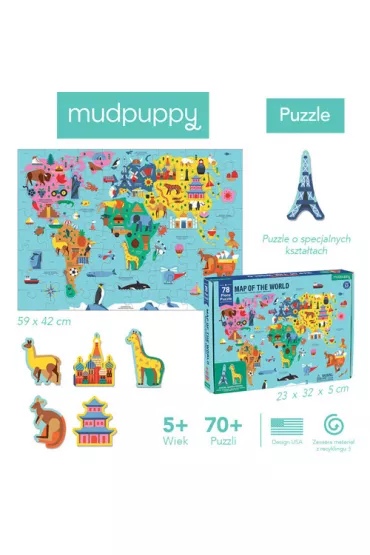 Puzzle Mapa �wiata z elementami w kszta�cie budynk�w i zwierz�t 5+ Mudpuppy