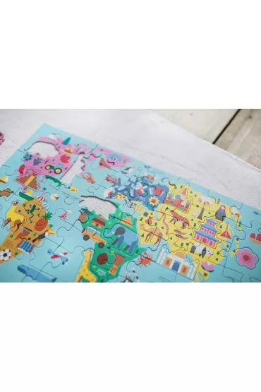 Puzzle Mapa �wiata z elementami w kszta�cie budynk�w i zwierz�t 5+ Mudpuppy