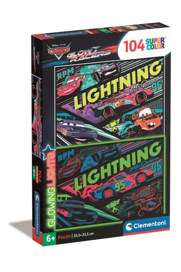 Puzzle 104 el. Glowing Cars Glow Racers Clementoni
