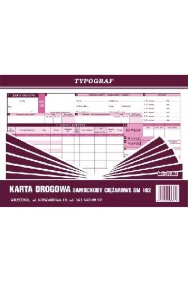 Druki samokopiuj�ce Typograf karta drogowa na samochody ci�arowe A-4 Sm 102 (02064)