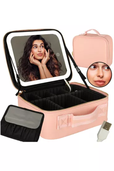 Kosmetyczka organizer na kosmetyki bi�uteri� kuferek z lusterkiem 10-krotne powi�kszenie r�owy