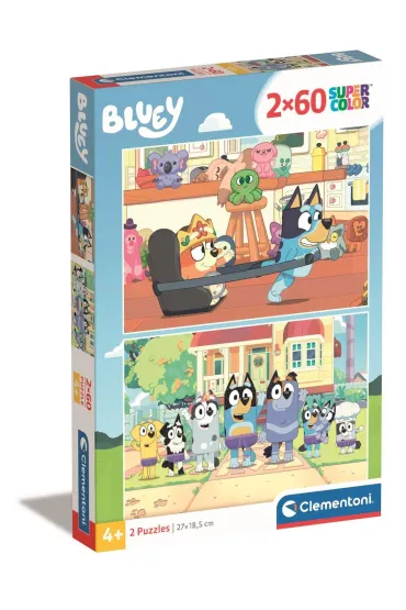 Pakiet: Bluey. Poznaj rodzin� Blue, Bluey. W co si� pobawimy? Ksi��ka z okienkami, Puzzle 2x60 el. SuperColor. Bluey