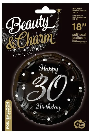 Godan Balon foliowy B&C Happy 30 Birthday, czarny, nadruk srebrny, 18"
