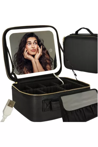 Kosmetyczka organizer na kosmetyki bi�uteri� kuferek z lusterkiem LED czarny