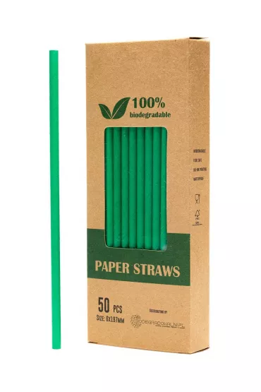 Biodegradowalni Naturalne papierowe s�omki do napoj�w zielone 19,7 x 0,6 cm 50 szt.