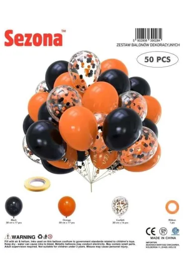 Balony czarne, pomara�czowe, konfetti 50 szt