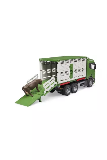 Scania Super 560R ci�ar�wka zielona kontener z figurk� krowy Bruder