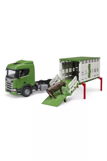 Scania Super 560R ci�ar�wka zielona kontener z figurk� krowy Bruder