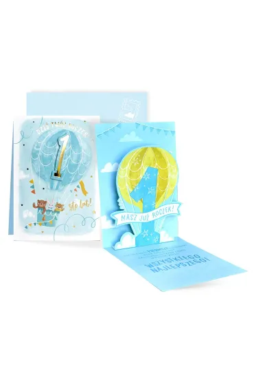 Kukartka Karnet PU-021 Urodziny 1  cyferki, roczek, niebieski balon