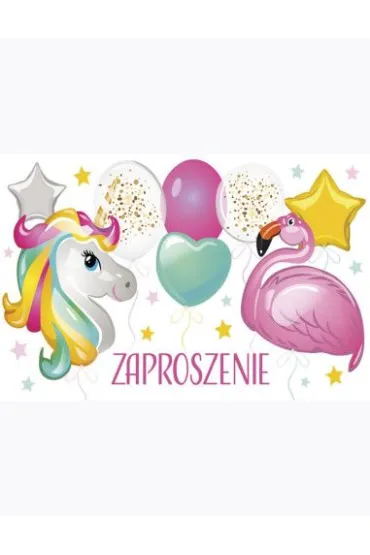 Zaproszenie Z 160x95 zest. 62131 Dzieci�ce - Balony, Dziewczynka, Flamingi, Grafika, Jednoro�ce, Urodziny