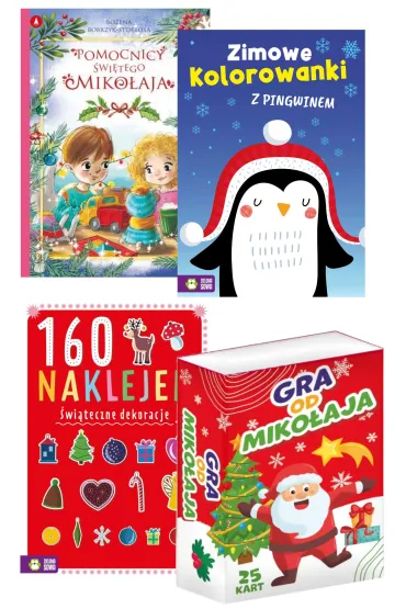 Pakiet: Pomocnicy �wi�tego Miko�aja, Zimowe kolorowanki z pingwinem, 160 naklejek. �wi�teczne dekoracje, Gra od Miko�aja