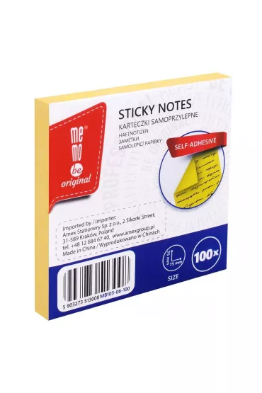 MemoBe Bloczek samoprzylepny ��ty 75x75mm 100 kartek 100 szt.