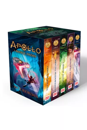 Pakiet Apollo i boskie pr�by. Tomy 1-5: Ukryta wyrocznia, Mroczna przepowiednia, Labirynt ognia, Grobowiec tyrana, Wie�a Nerona - Rick Riordan