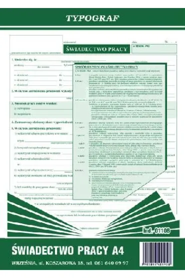 Druki samokopiuj�ce Typograf �wiadectwo pracy A4 40 (01106)