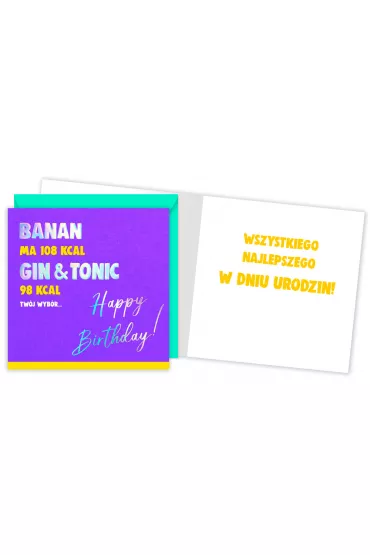 Kukartka Karnet kwadrat Urodziny - banan, gin i tonic QR-001