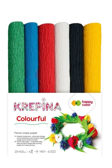 Krepina marszczona 25x100cm, MIX Colorful - 6 kol., 6 rolek, Happy Color