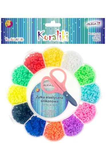 Koraliki gumowe 6mm, �y�ka 10m, no�yczki MIX Aliga