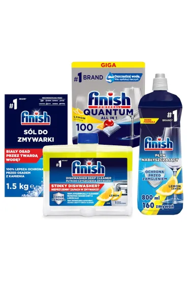 Finish Zestaw do zmywarek: kapsu�ki do mycia naczy�, nab�yszczacz, s�l, p�yn do czyszczenia 100 kaps. + 1.5 kg + 800 ml + 250 ml