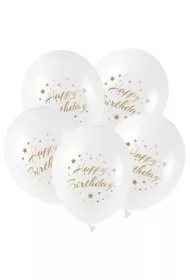 Balony ze zotym nadrukiem Happy Birthday 5 szt.